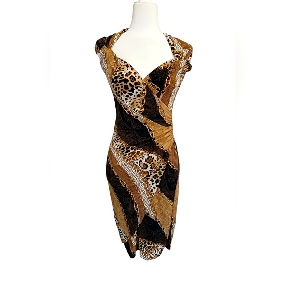 Caché Bodycon Dress S Leopard Baroque Print Sweetheart Neck Cocktail Sexy - Picture 1 of 8